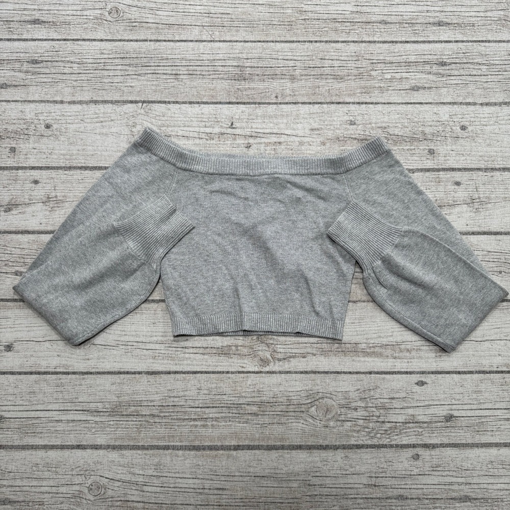 NEW Garage Off Shoulder Top Women's S Gray Cropped Balloon Sleeve Knit Pullover